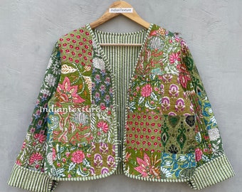Indian HandBlock Print Fabric Quilted Jacket Short kimono Women Wear New Style Flower Coat