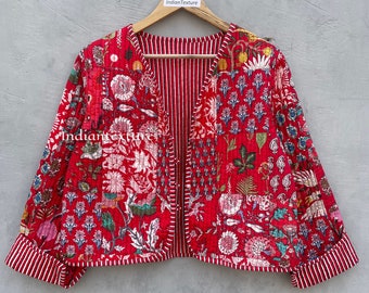 Red Patchwork Cotton Jacket, Indian Women Jacket For Her, New Trendy Look Jacket, Lightweight Cotton Jacket,