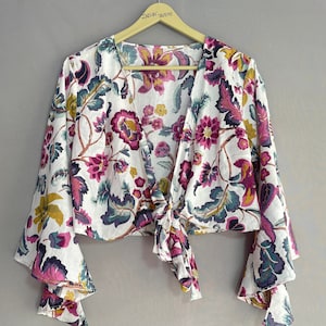 Hippie Bell Sleeve Top, Soft Cotton Top With Tie, Bikini Cover Up Top, Morning Crop Top Dress,