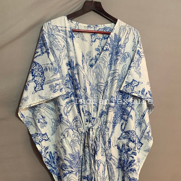 Katoenen kaftan, Indiase bloemenkaftan, lange kaftan, jurk voor moeders, strandbedekking, nachtkleding, Indiase kaftan, maxi-jurk, bikini cover-up