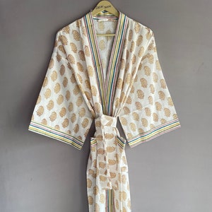Leaf Block Cotton Robe, Soft Lightweight Kimono Robe, Handmade Cotton Kimono, Christmas Gift For Her,