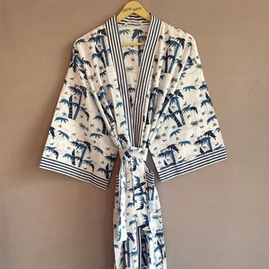 Palm Tree Floral Kimono, Block Print Kimono Robe, Beach Cover Gown, Dressing Gown KImono, Lightweight Cotton Kimono,