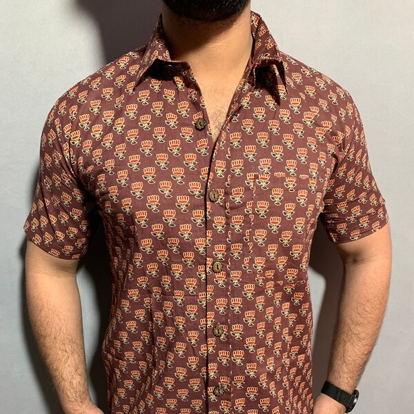 Jaipuri Hand Block Printed Shirt, Indian Men's Shirt, Hand block Men's Cotton Shirt, Cotton Printed Shirt, Soft & Light Weight Short Sleeve,