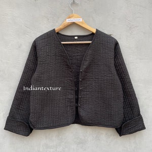 Black Cotton Women's Quilted Jacket Boho Style Quilted Handmade Jackets, Coat Holidays Gifts Button Closer Jacket for Women Gifts image 2