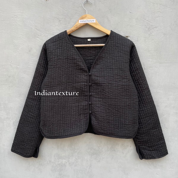 Black Cotton Women's Quilted Jacket Boho Style Quilted Handmade Jackets, Coat Holidays Gifts Button Closer Jacket for Women Gifts