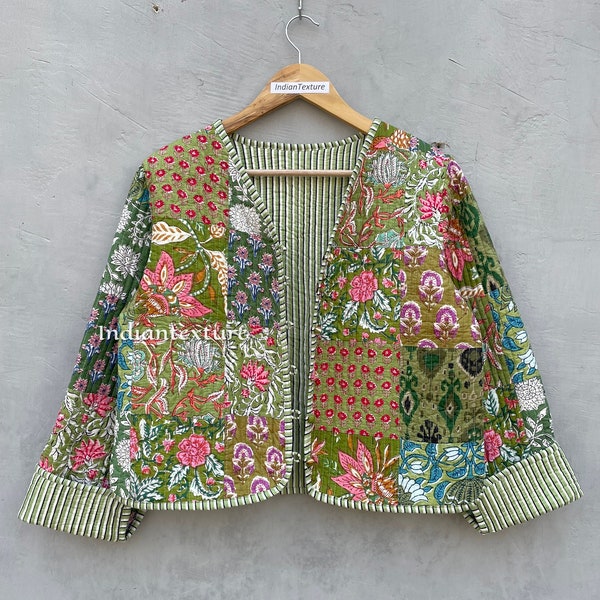 Indian HandBlock Print Fabric Quilted Jacket Short kimono Women Wear New Style Flower Coat