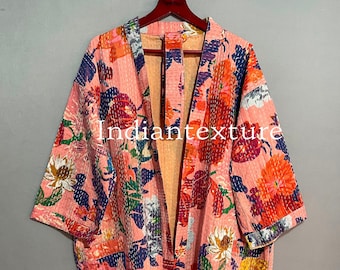 Indian Handmade Kantha Quilt Long Jacket Kimono Women Wear Boho Orange Color Front Open Quilted Jacket