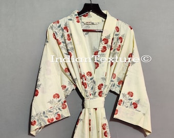 Kimono-Bademantel aus Baumwolle mit Blumenmuster, leichter Morgenmantel mit indischem Print