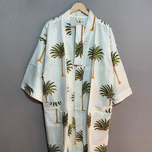 Cotton Palm Tree Kimono Robes for Women Indian Dressing Gown Unisex Screen Print Beach Cover ups Bridesmaid Gifts