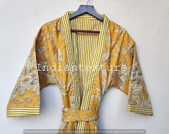 Indian Cotton Quilted Kimono Robe, Floral Print Reversible Robe