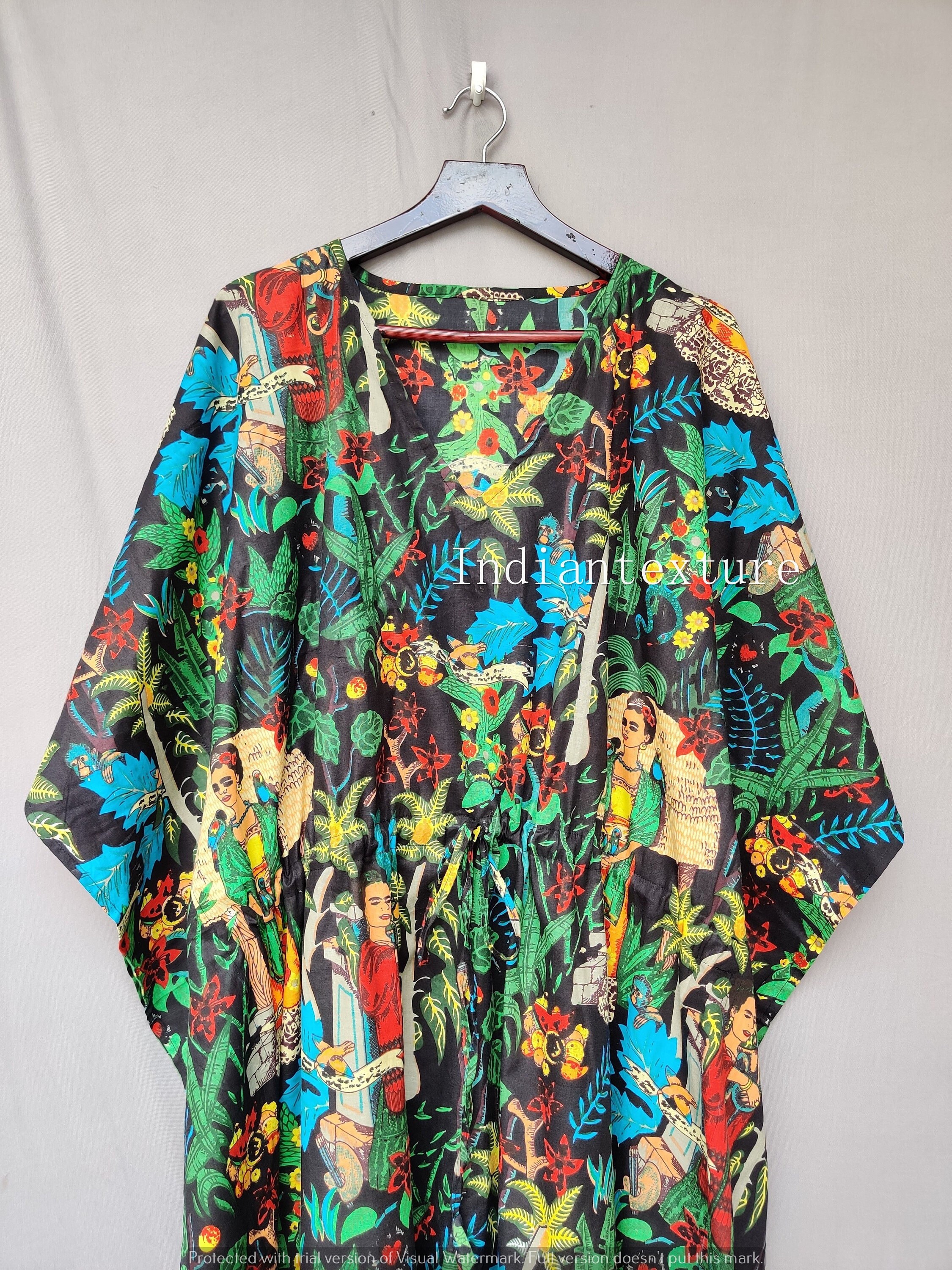 Black Cotton Kaftan, Indian Floral Kaftan, Long Caftan, Beach Cover up, Sleepwear, Indian Kaftan, Maxi Dress,Bikini Cover Up,Cotton Tunic