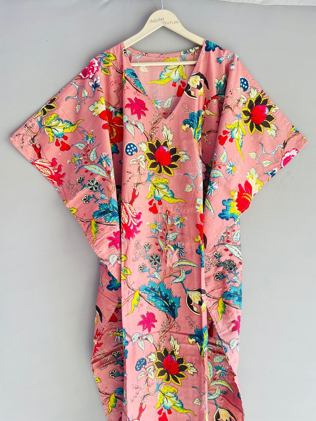 Green Tiger Print Indian Cotton Kaftan - Long Maxi Dress, Beach Cover Up, 100% Soft Cotton