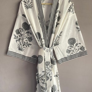 Cotton Kimono Robe Dressing Gown, Block Print Bridesmaid Robe, Summer Nightwear, One Size image 2