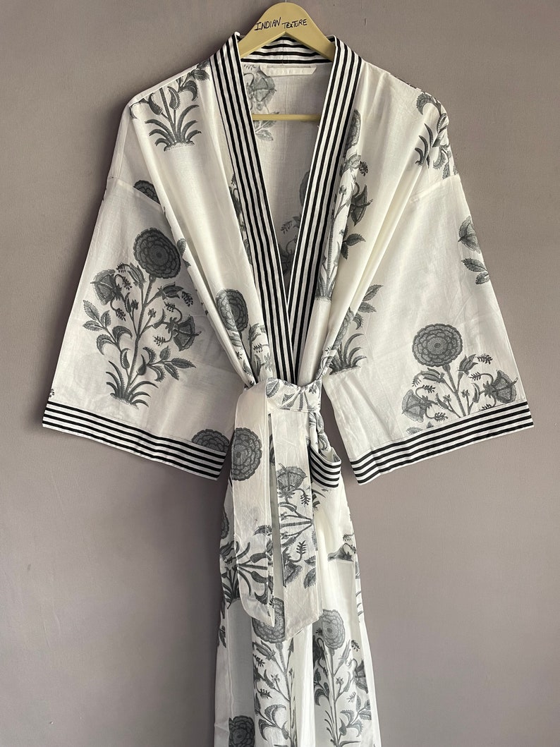 Cotton Kimono Robe Dressing Gown, Block Print Bridesmaid Robe, Summer Nightwear, One Size image 2