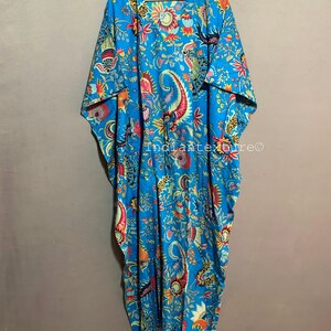 thumbnail image 2 of Handmade Indian Cotton Kaftan – Turquoise Maxi Gown With Floral Print – Plus Size Boho Caftan 2 of 5