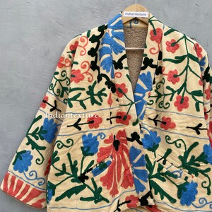 Manteau de veste de broderie à la main Suzani, les femmes portent des vestes dhiver, cadeau de demoiselle dhonneur, veste dhiver, robe kimono Suzani image 3