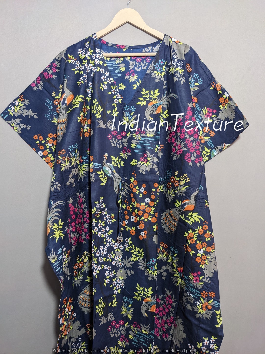 Blue Floral Cotton Kaftan with White Stripes & Pocket - Comfortable Loungewear for Women & Girls