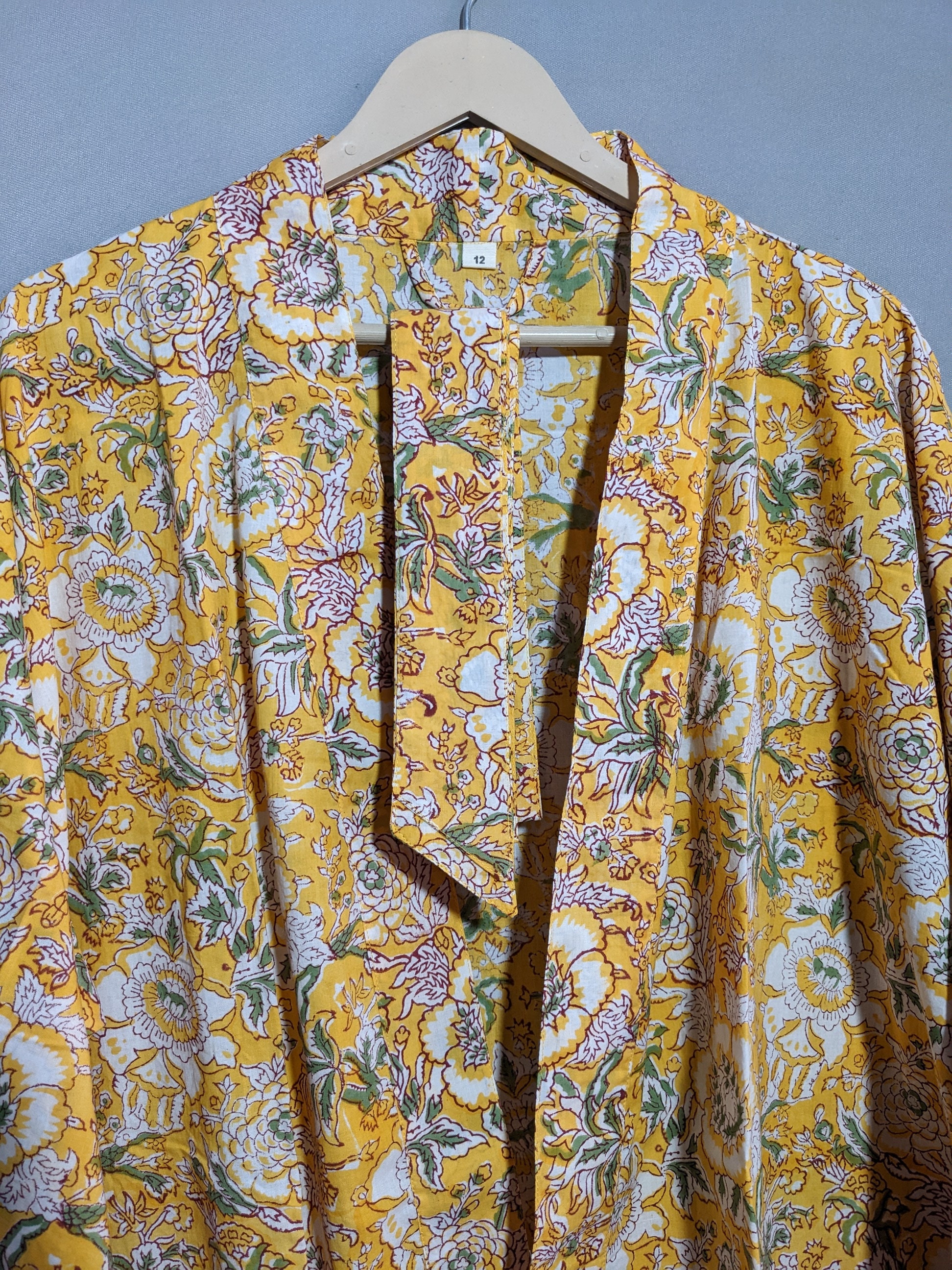 Mustard Block Print Silk Kimono Robe