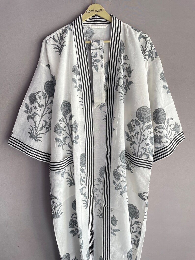 Cotton Kimono Robe Dressing Gown, Block Print Bridesmaid Robe, Summer Nightwear, One Size image 4