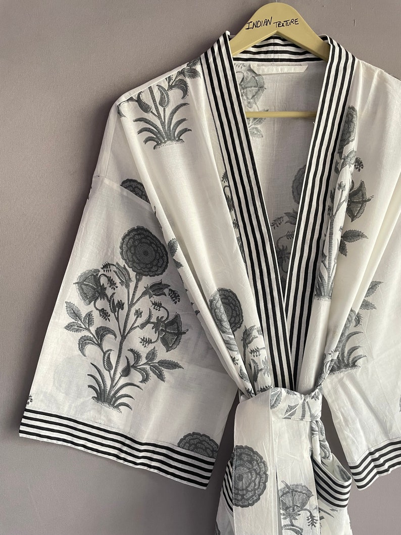 Cotton Kimono Robe Dressing Gown, Block Print Bridesmaid Robe, Summer Nightwear, One Size image 7