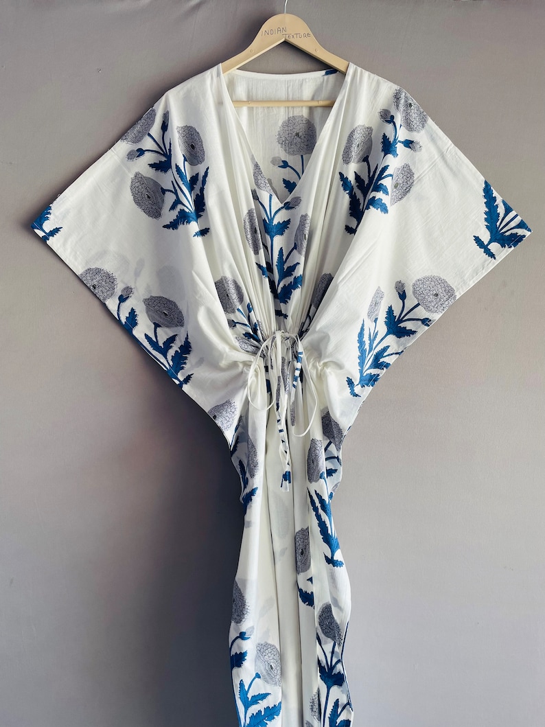 Flower Printed Cotton Kaftan, Indian Floral Kaftan, Long Caftan, Dress For to be Moms, Beach Cover Up, Sleepwear, Indian Kaftan, Maxi Dress, BLUE LEAF