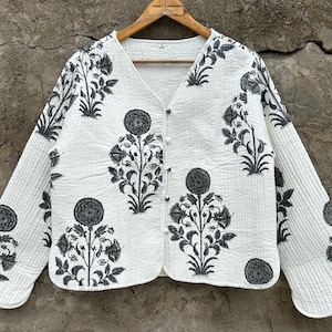 White Floral Short Jacket, Indian Cotton Jacket, Hand Block Print Jacket, Quilted Short Jacket, Lightweight Block Print Jacket,