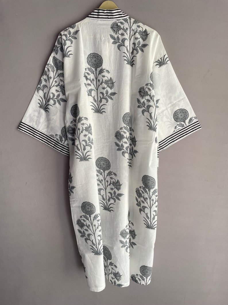 Cotton Kimono Robe Dressing Gown, Block Print Bridesmaid Robe, Summer Nightwear, One Size image 6