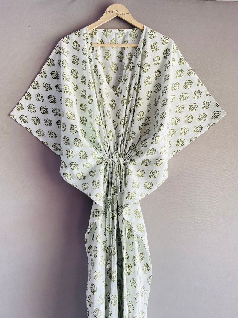 Flower Printed Cotton Kaftan, Indian Floral Kaftan, Long Caftan, Dress For to be Moms, Beach Cover Up, Sleepwear, Indian Kaftan, Maxi Dress, GREEN FLOWER