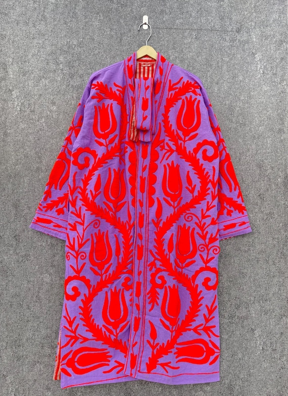 Handmade Floral Cotton Quilted Robe, Embroidered Kimono Jacket