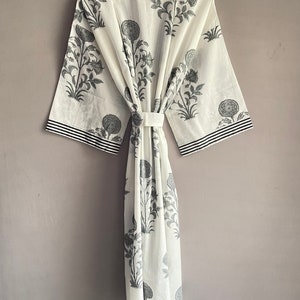 Cotton Kimono Robe Dressing Gown, Block Print Bridesmaid Robe, Summer Nightwear, One Size image 8