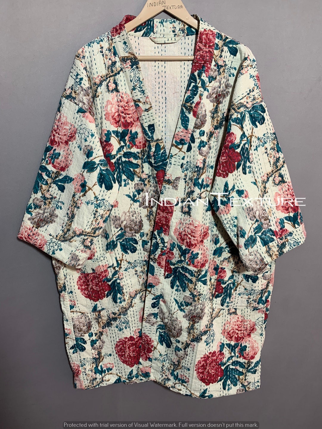 Indian Cotton Jacket With Belt, Cotton Floral Jacket, Quilted Kantha