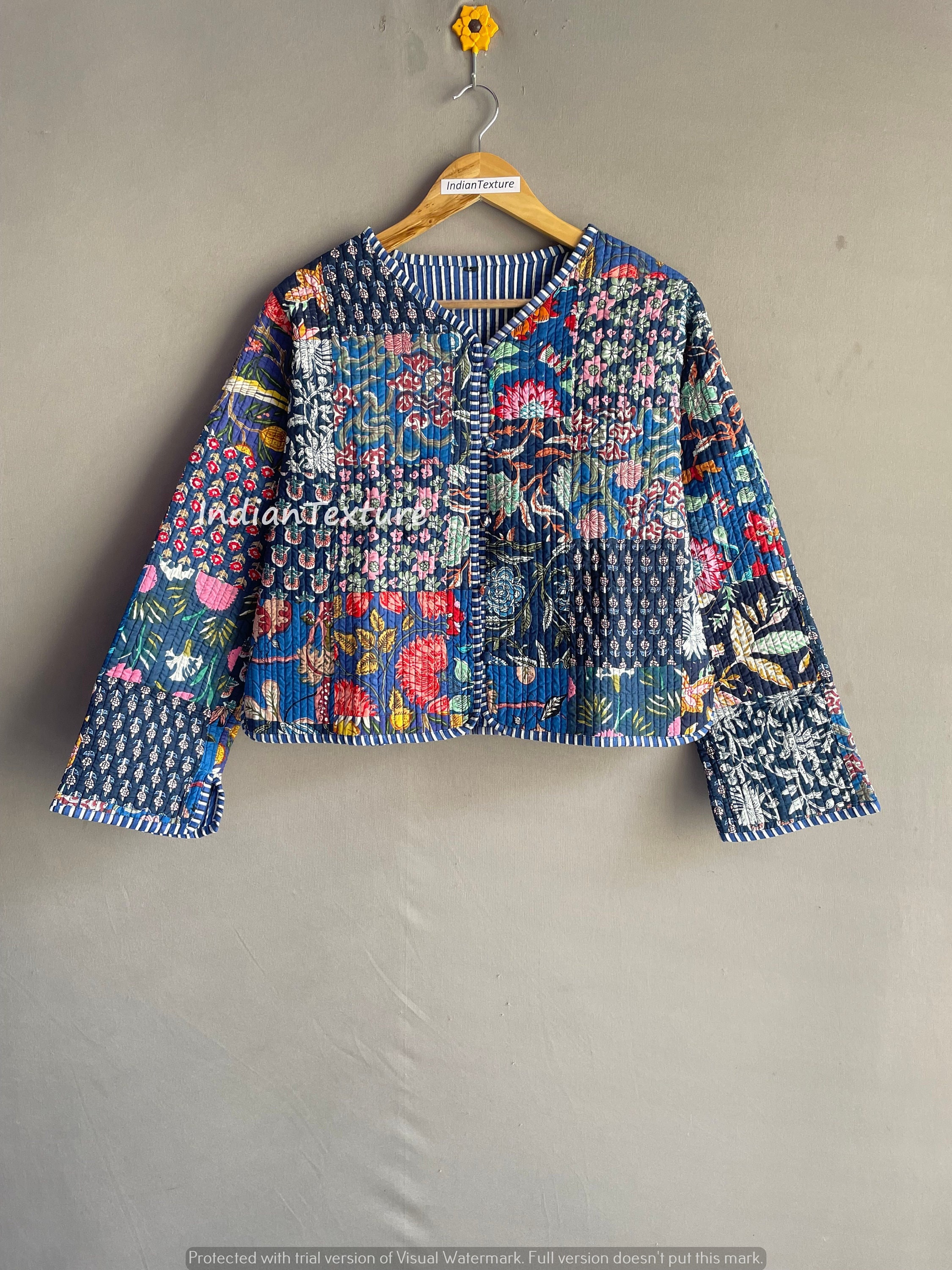 Blue Patchwork Cotton Jacket, Lightweight Cotton Jacket, Floral Jacket, Gifted Jacket For Her, Patchwork Indian Jacket,