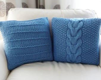 RTS TWO Hand knitted Nautical BLUE cable pillow cover case set 16x16 / Throw pillow/ Home decor/ Decorative pillow case