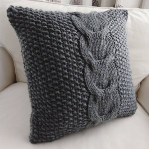 RTS Hand knitted dark grey cable pillow cover case 16x16 / Throw pillow/ Home decor/ Decorative pillow case image 2