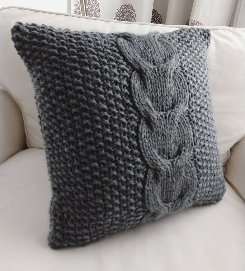 RTS Hand knitted dark grey cable pillow cover case 16x16 / Throw pillow/ Home decor/ Decorative pillow case image 2