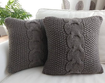 RTS TWO Hand knitted  TAUPE Cable pillow covers case set 16x16 / Throw pillow/ Home decor/ Decorative pillow case