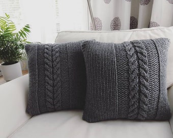 RTS TWO Hand knitted  DARK Grey Cable pillow covers case set 16x16 / Throw pillow/ Home decor/ Decorative pillow case