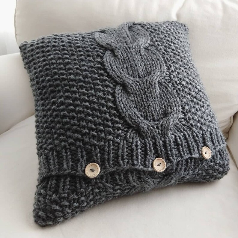 RTS Hand knitted dark grey cable pillow cover case 16x16 / Throw pillow/ Home decor/ Decorative pillow case image 3