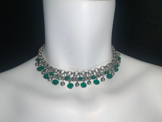 Silver and Green Adjustable Bead and Chainlink Ne… - image 1