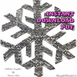 May include: A beaded snowflake design in shades of silver and gray, with the text "INSTANT DOWNLOAD PDF". The snowflake is made of small, square beads arranged in a symmetrical pattern. The design is labeled "Palladium Snowflake" by Vanessa Nelson.