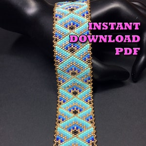 May include: A beaded bracelet with a geometric pattern in shades of blue, gold, and black. The bracelet is on a black surface and the text "INSTANT DOWNLOAD PDF" is in pink letters.
