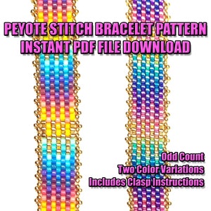 Peut inclure: Deux motifs de bracelet en point de peyote colorés avec des perles dorées. Les motifs sont pour un nombre impair de perles et comprennent des instructions pour le fermoir. Téléchargement instantané de fichier PDF.
