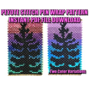 May include: Two peyote stitch pen wrap patterns with a butterfly design. The patterns are in two color variations, one with a purple, blue, and teal color scheme and the other with a pink, blue, and teal color scheme. The text "Two Color Variations" is visible below the patterns.