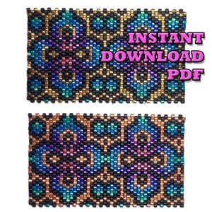 May include: A beaded bracelet pattern with a geometric design featuring black, gold, blue, purple, and teal beads. The pattern is shown in two rows. The text "INSTANT DOWNLOAD PDF" is displayed above the pattern.