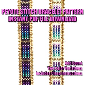 May include: Two variations of a peyote stitch bracelet pattern, one with a white and blue color scheme and the other with a black and purple color scheme. The image includes the text "Peyote Stitch Bracelet Pattern Instant PDF File Download", "Odd Count", "Two Color Variations", and "Includes Clasp Instructions".
