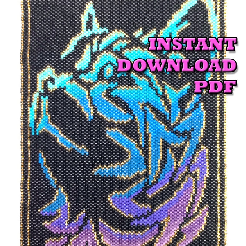 May include: A beaded pattern of a wolf's head in shades of blue, purple, and gold on a black background. The text "INSTANT DOWNLOAD PDF" is in pink letters on the right side of the image.