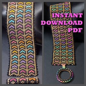 May include: A colorful beaded bracelet with a chevron pattern in shades of pink, blue, green, yellow, and gold. The bracelet is made with black seed beads and has a gold clasp. The image also includes the text "INSTANT DOWNLOAD PDF".