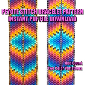 May include: Peyote stitch bracelet pattern, instant PDF file download. Two colour variations, odd count. The pattern features a colourful geometric design with shades of pink, orange, yellow, blue, turquoise, and purple.