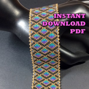 May include: A beaded bracelet with a geometric pattern in shades of blue, green, and gold. The bracelet is on a black mannequin hand. The text "INSTANT DOWNLOAD PDF" is in pink letters on a white background.