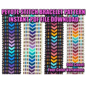 May include: Four color variations of a peyote stitch bracelet pattern. The pattern features a chevron design with a black, white, purple, and turquoise color scheme. The image text reads "Peyote Stitch Bracelet Pattern Instant PDF File Download Odd Count Four Color Variations".